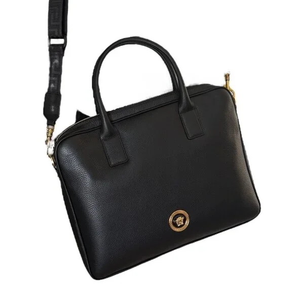 VERSACE 1013360 BLACK LEATHER MEDUSA MEDALION BRIEFCASE MESSENGER SHOULDER BAG - Picture 9 of 15